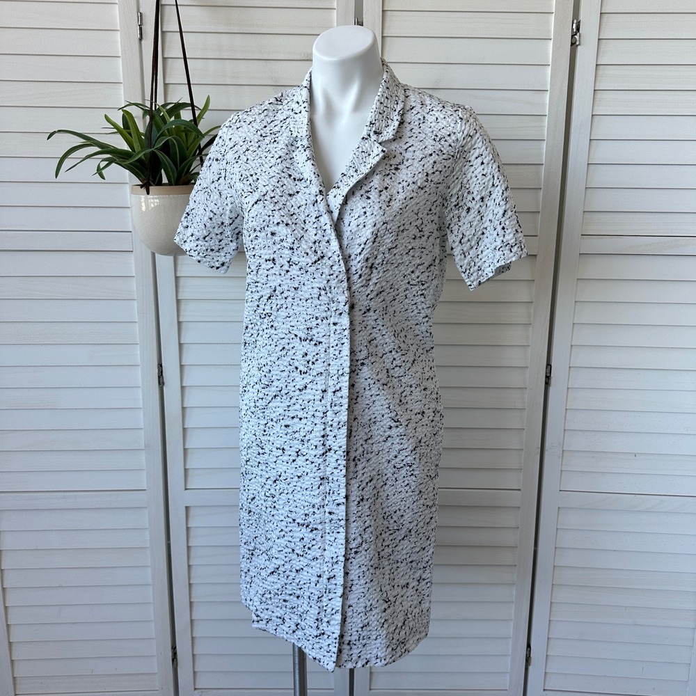 COS Crinkled Zip Front Dress White Black Speckled Short Sleeve Collared Size 6